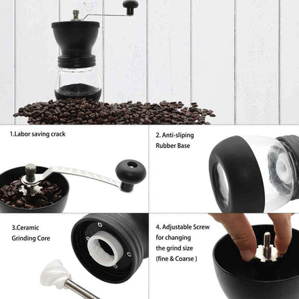 Coffee Bean Grinder - Manual Hand Stainless Ceramic Burr Core Glass Jar Nut Mill.