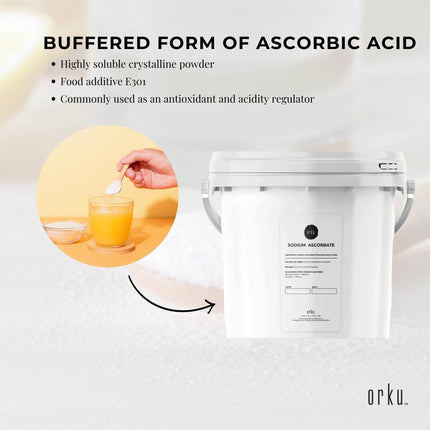 Orku 5Kg Sodium Ascorbate Tub - High Purity Soluble Crystalline Powder.