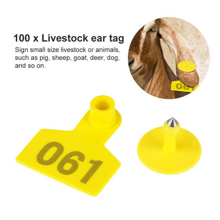 1-100 Cattle Number Ear Tags 5x4cm Set - Small Yellow Pig Goat Livestock Label.