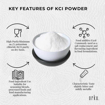 Orku 2Kg Potassium Chloride Powder (KCl) - Food Grade E508 Salt Substitute.