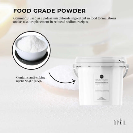 Orku 2Kg Potassium Chloride Powder (KCl) - Food Grade E508 Salt Substitute.