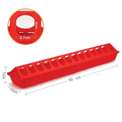50cm Long Poultry Feeder Chicken Feeding Trough Red Plastic Flip Top Container.