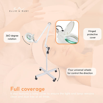 Ellie & Ruby 5x Magnifying Floor Lamp - Glass Lens Light and Wheeled Stand White.