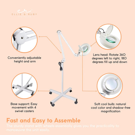 Ellie & Ruby 5x Magnifying Floor Lamp - Glass Lens Light and Wheeled Stand White.