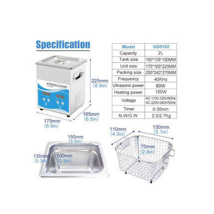 2L Digital Ultrasonic Cleaner Jewelry Ultra Sonic Bath Degas Parts Cleaning.