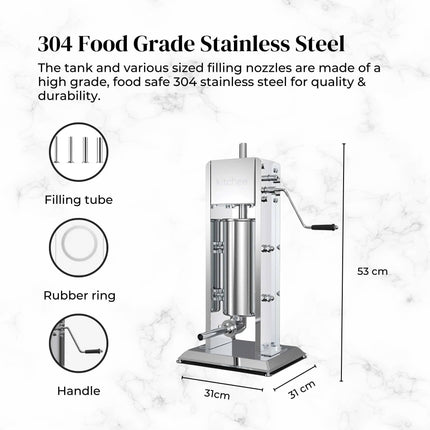 Kitchee 3L Manual Vertical Sausage Filler - Stainless Stuffer Meat Press Machine.