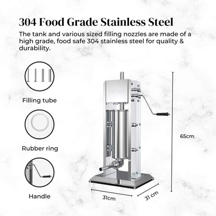 Kitchee 5L Manual Vertical Sausage Filler - Stainless Stuffer Meat Press Machine.