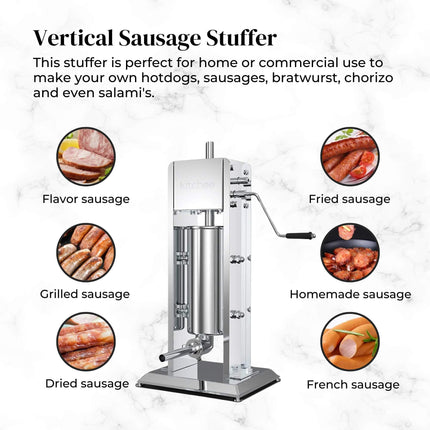 Kitchee 5L Manual Vertical Sausage Filler - Stainless Stuffer Meat Press Machine.