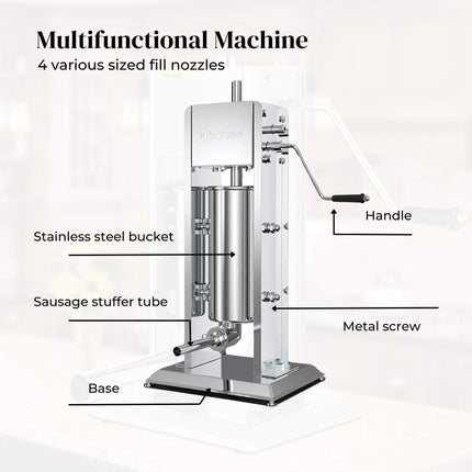 Kitchee 5L Manual Vertical Sausage Filler - Stainless Stuffer Meat Press Machine.