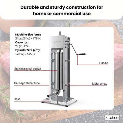 Kitchee 7L Manual Vertical Sausage Filler - Stainless Stuffer Meat Press Machine.