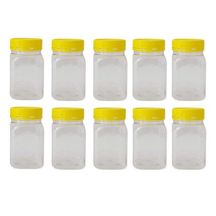 10x 500g Plastic Honey Jars + Lids - Square Clear Food Grade Packaging Containers.