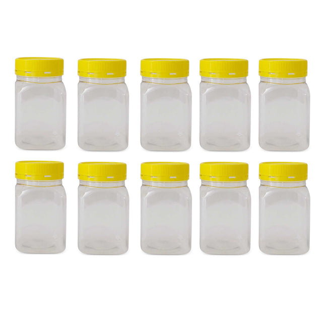 10x 500g Plastic Honey Jars + Lids - Square Clear Food Grade Packaging Containers.