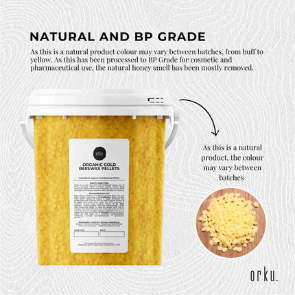 Orku 500g Organic Beeswax Pellets Yellow Tub - Cosmetic Grade Bees Wax Pastilles.
