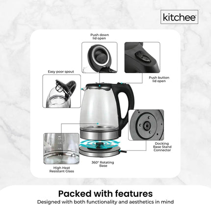 1.7L Electric Glass Kettle LED Blue Light 360 Automatic Cordless Water Boiling Jug.