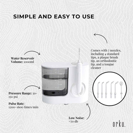 Orku 1000ml Water Flosser Electric Oral Irrigator - Adjustable Pressure White.