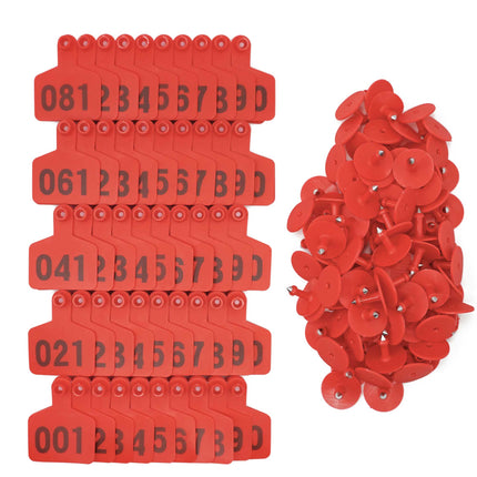 1-100 Cattle Number Ear Tag 6x7cm Set - Medium Red Sheep Livestock Label.