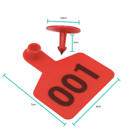 1-100 Cattle Number Ear Tag 6x7cm Set - Medium Red Sheep Livestock Label.