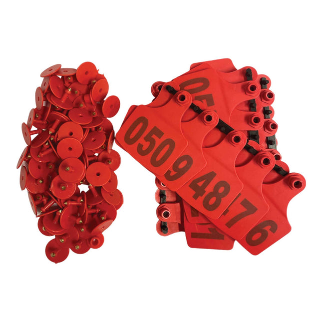 1-100 Cattle Number Ear Tags 7.5x10cm Set - XL Red Cow Sheep Livestock Labels.