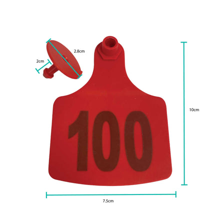 1-100 Cattle Number Ear Tags 7.5x10cm Set - XL Red Cow Sheep Livestock Labels.