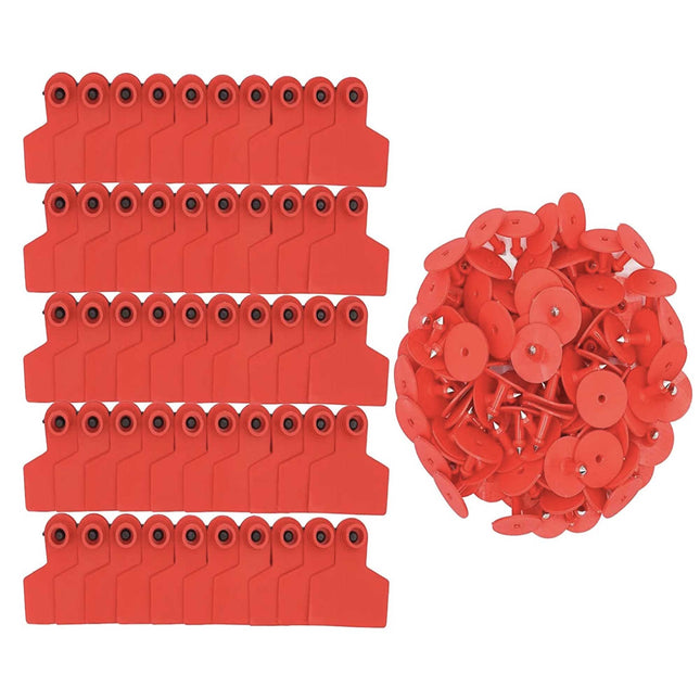 100x Cattle Ear Tags Set - 6x7cm Medium Red Blank Cow Pig Sheep Livestock Label.