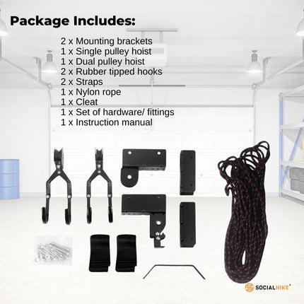 Social Hike Kayak Hoist - 34kg Garage Ceiling Pulley Lift for Kayak Bike Storage.