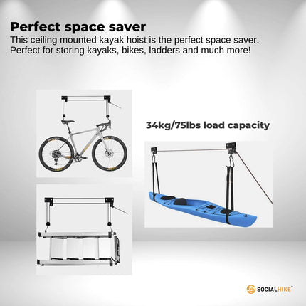 Social Hike Kayak Hoist - 34kg Garage Ceiling Pulley Lift for Kayak Bike Storage.