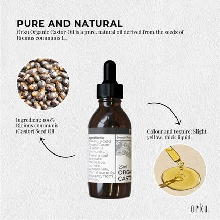 Orku 25ml Organic Castor Oil + Dropper - Hexane Free Cold Pressed.