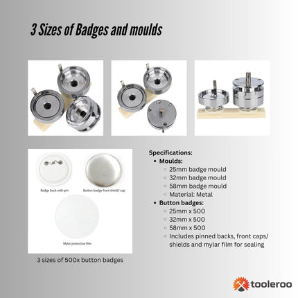 Button Badge Making Set - Maker + Moulds + Badges 25mm 32mm 58mm.