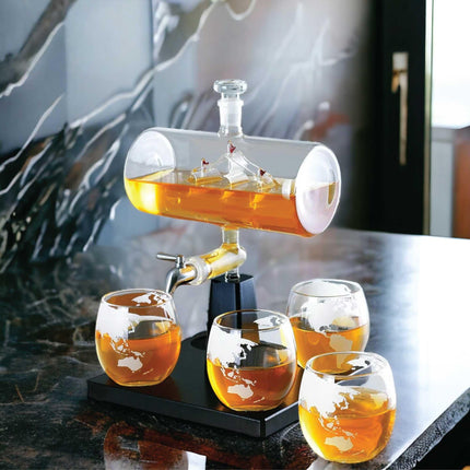 1L Whiskey or Wine Sailboat Glass Decanter Set - 4x Globe Glasses + Wooden Stand.