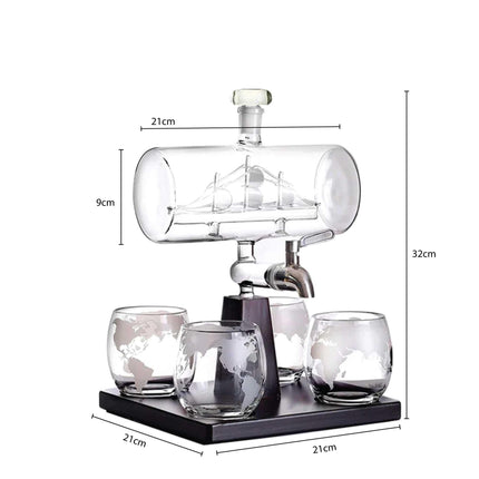 1L Whiskey or Wine Sailboat Glass Decanter Set - 4x Globe Glasses + Wooden Stand.