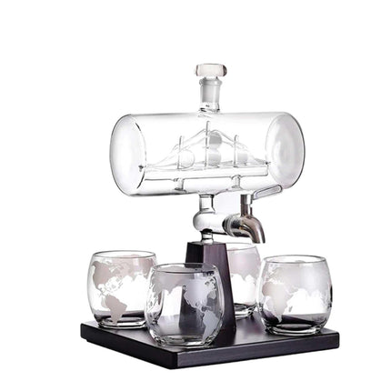 1L Whiskey or Wine Sailboat Glass Decanter Set - 4x Globe Glasses + Wooden Stand.