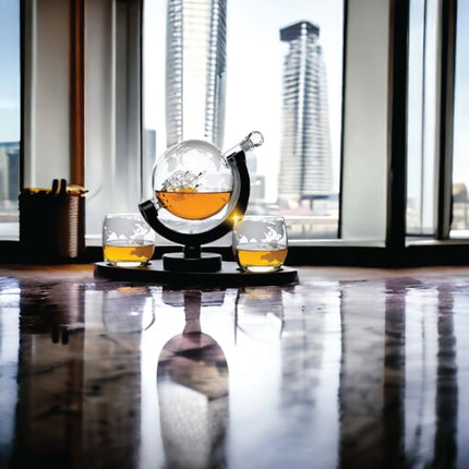 850ml Whiskey or Wine Globe Glass Decanter Set - 2x Glasses + Wooden Stand.
