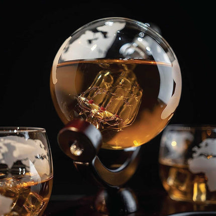 850ml Whiskey or Wine Globe Glass Decanter Set - 2x Glasses + Wooden Stand.