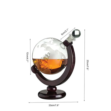 850ml Whiskey or Wine Globe Glass Decanter Set - 2x Glasses + Wooden Stand.