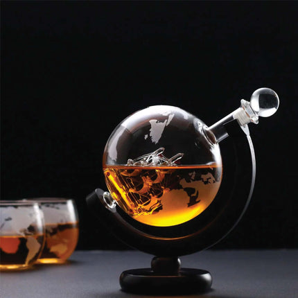 850ml Whiskey or Wine Globe Glass Decanter Set - 2x Glasses + Wooden Stand.