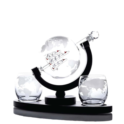 850ml Whiskey or Wine Globe Glass Decanter Set - 2x Glasses + Wooden Stand.