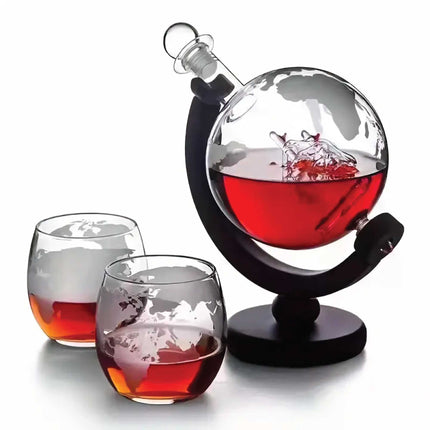 850ml Whiskey or Wine Globe Glass Decanter Set - 2x Glasses + Wooden Stand.