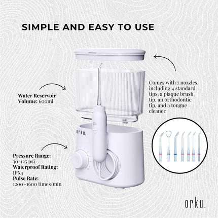 Water Jet Dental Flosser 600ml White - Electric Oral Pressure Tooth Irrigator.