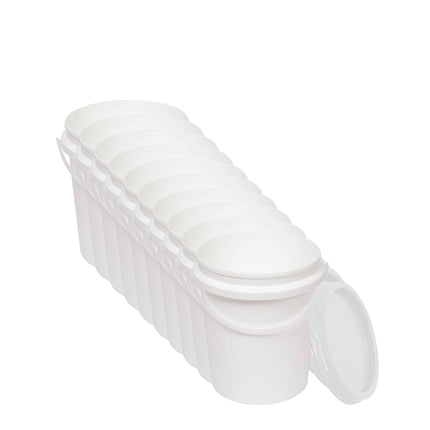 Kitchee 10x 1.2L Plastic Buckets + Lids - Food Grade Empty White Tub With Handle.
