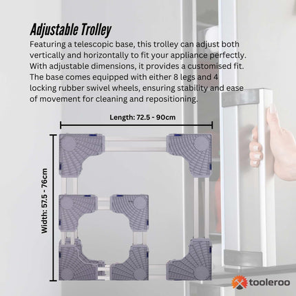 Tooleroo Adjustable Appliance Base Stand for Washing Machine with Locking Wheels.
