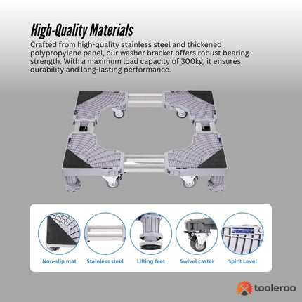 Tooleroo Adjustable Appliance Base Stand for Washing Machine with Locking Wheels.