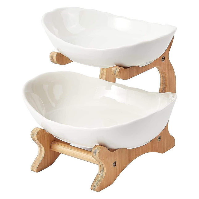 2 Tier Porcelain Fruit Bowl - Ceramic Vegetable Storage With Bamboo Stand.