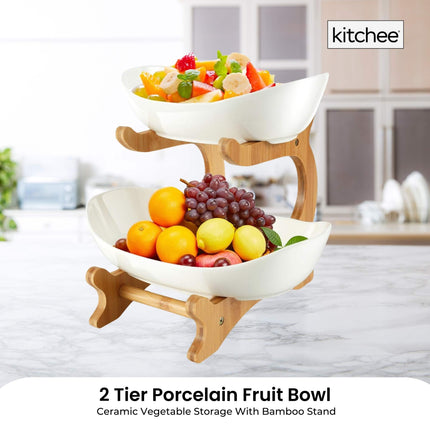 2 Tier Porcelain Fruit Bowl - Ceramic Vegetable Storage With Bamboo Stand.