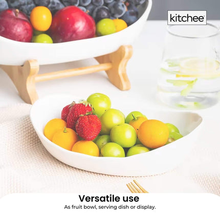2 Tier Porcelain Fruit Bowl - Ceramic Vegetable Storage With Bamboo Stand.