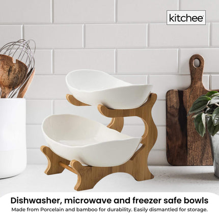 2 Tier Porcelain Fruit Bowl - Ceramic Vegetable Storage With Bamboo Stand.