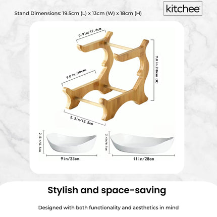 2 Tier Porcelain Fruit Bowl - Ceramic Vegetable Storage With Bamboo Stand.