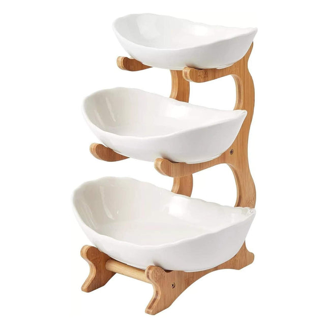 3 Tier Porcelain Fruit Bowl - Ceramic Vegetable Storage With Bamboo Stand.