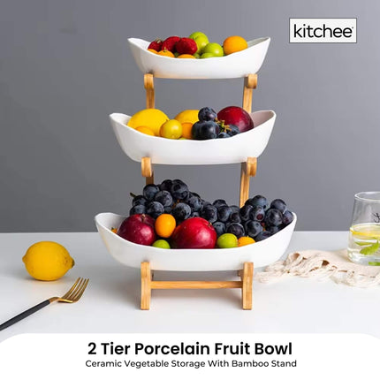 3 Tier Porcelain Fruit Bowl - Ceramic Vegetable Storage With Bamboo Stand.