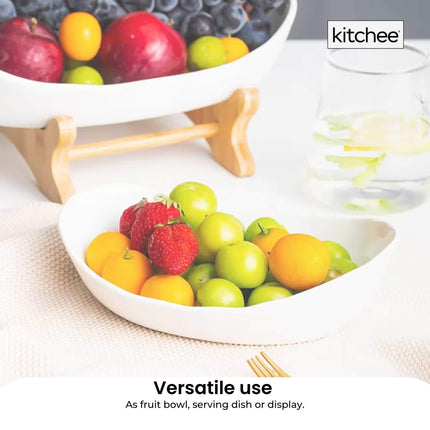 3 Tier Porcelain Fruit Bowl - Ceramic Vegetable Storage With Bamboo Stand.