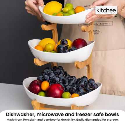 3 Tier Porcelain Fruit Bowl - Ceramic Vegetable Storage With Bamboo Stand.